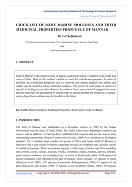 Chick List of Some Marine Molluscs and Their Medicinal Properties from Gulf of Mannar