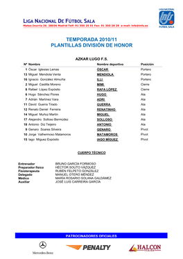 Temporada 2010/11 Plantillas División De Honor
