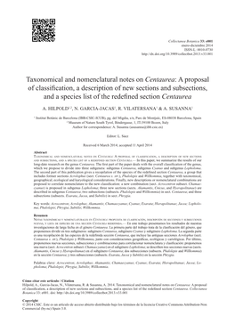 Centaurea: a Proposal of Classification, a Description of New Sections and Subsections, and a Species List of the Redefined Sectioncentaurea