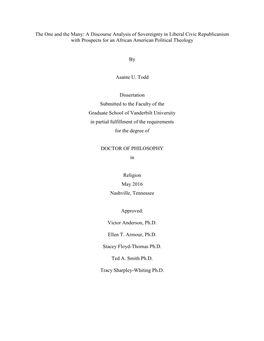 The One and the Many: a Discourse Analysis of Sovereignty in Liberal Civic Republicanism with Prospects for an African American Political Theology