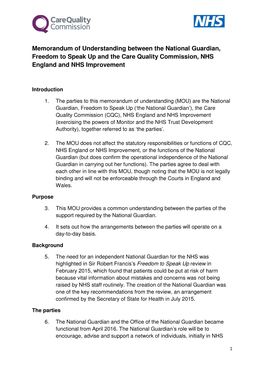 Mou Between CQC and NHS England, NHS Improvement, National