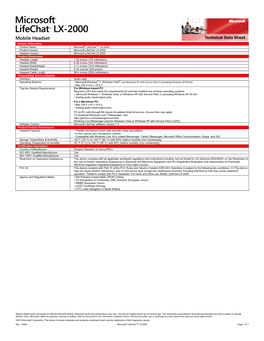 Version Information Product Name Microsoft® Lifechat™ LX-2000 Product Version Microsoft Lifechat LX-2000 Headset Version