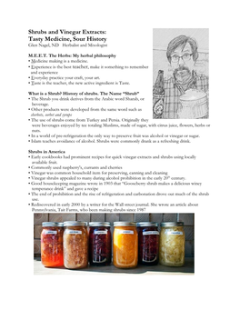 Shrubs and Vinegar Extracts: Tasty Medicine, Sour History Glen Nagel, ND Herbalist and Mixologist