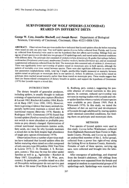 Survivorship of Wolf Spiders (Lycosidae ) Reared on Different Diets