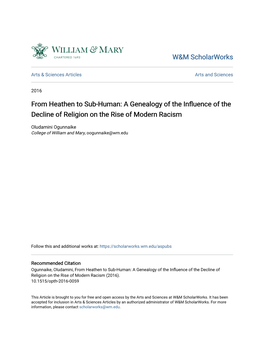 From Heathen to Sub-Human: a Genealogy of the Influence of the Decline of Religion on the Rise of Modern Racism