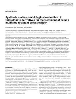 Synthesis and in Vitro Biological Evaluation of Thiosulfinate Derivatives for the Treatment of Human Multidrug-Resistant Breast Cancer