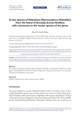 A New Species of Habralictus (Hymenoptera, Halictidae) from the Island of Grenada (Lesser Antilles) with Comments on the Insular Species of the Genus