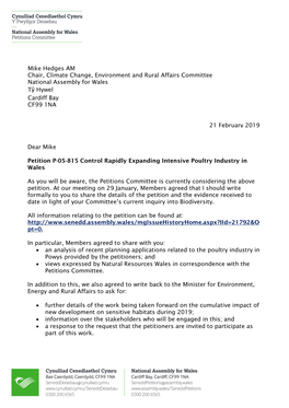 Dear Mike Petition P-05-815 Control Rapidly Expanding Intensive Poultry Industry in Wales As You Will Be Aware, the Petitions Co