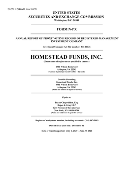 Homestead Funds Inc. – Annual Report of Fund Proxy Voting