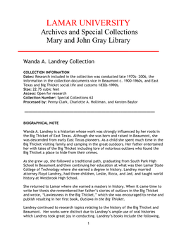 LAMAR UNIVERSITY Archives and Special Collections Mary and John Gray Library ______
