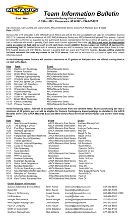Team Information Bulletin East West Automobile Racing Club of America P.O Box 380 – Temperance, MI 48182 – 734-847-6726