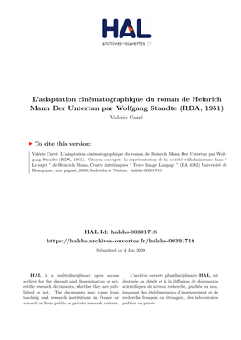 L'adaptation Cinématographique Du Roman De Heinrich Mann Der