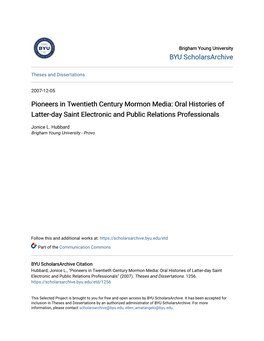 Pioneers in Twentieth Century Mormon Media: Oral Histories of Latter-Day Saint Electronic and Public Relations Professionals