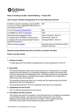 Kirklees Arrangements for In-Year Admissions 2013/14