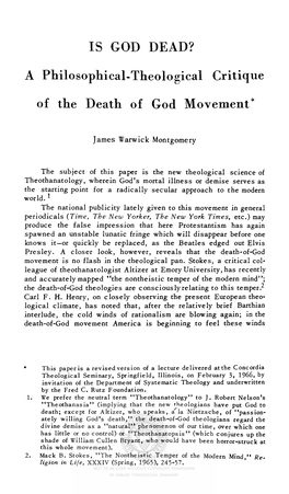 Is God Dead? a Philosophical-Theological Critique of the Death of God Movement