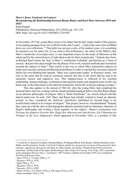 Marx's Bonn Notebooks in Context: Reconsidering the Relationship Between Bruno Bauer and Karl Marx Between 1839 and 18421