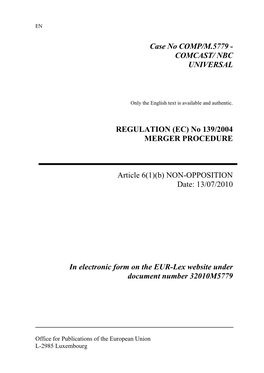 Case No COMP/M.5779 - COMCAST/ NBC UNIVERSAL