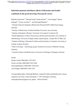 Infections Patterns and Fitness Effects of Rickettsia and Sodalis Symbionts in the Green Lacewing Chrysoperla Carnea