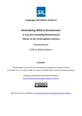 Naturalizing Biblical Hermeneutics a Case for Grounding Hermeneutical Theory in the Sociocognitive Sciences