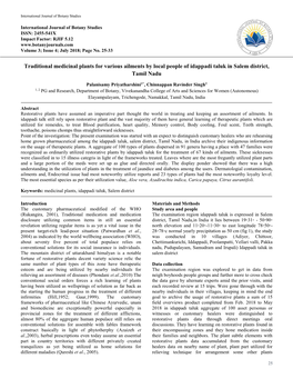 Traditional Medicinal Plants for Various Ailments by Local People of Idappadi Taluk in Salem District, Tamil Nadu