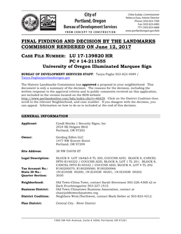 FINAL FINDINGS and DECISION by the LANDMARKS COMMISSION RENDERED on June 12, 2017