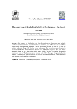 The Occurrence of Getchellite (Assbs3) at Zarshuran As - Au Deposit