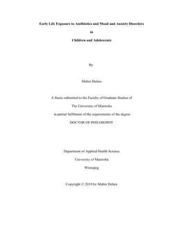 Early Life Exposure to Antibiotics and Mood and Anxiety Disorders in Children and Adolescents by Mahin Delara a Thesis Submi