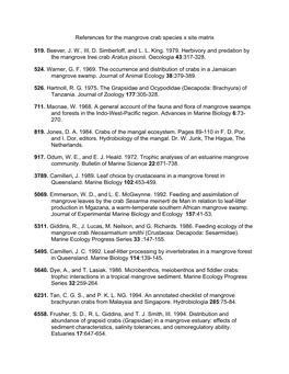References for the Mangrove Crab Species X Site Matrix 519. Beever