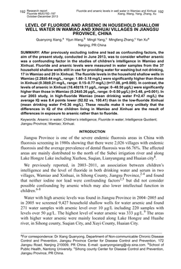 Level of Fluoride and Arsenic in Household Shallow Well Water In