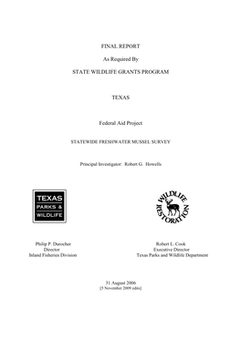 FINAL REPORT As Required by STATE WILDLIFE GRANTS