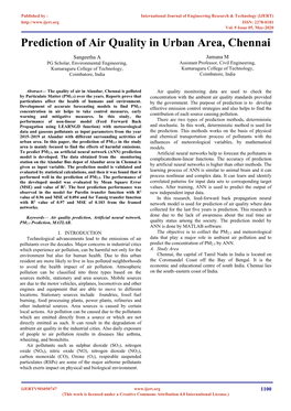 Prediction of Air Quality in Urban Area, Chennai