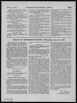 HOUSE of REPRESENTATIVES-Thursday, June 19, 1969 the House Met at 12 O'clock Noon