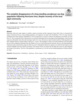 The Complete Disappearance of a Long Standing Sacoglossan Sea Slug Population Following Hurricane Irma, Despite Recovery of the Local Algal Community