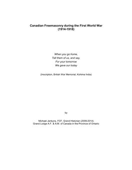 Canadian Freemasonry During the First World War (1914-1918)