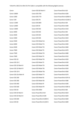 Tetherpro USB 2.0 to Mini B 5-Pin Cable Is Compatible with the Following Digital Cameras