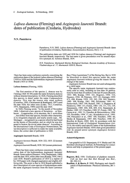 Lafoea Dumosa (Fleming) and Aeginopsis Laurentii Brandt: Dates of Publication (Cnidaria, Hydroidea)