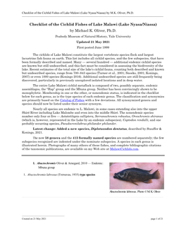 Checklist of the Cichlid Fishes of Lake Malawi (Lake Nyasa)