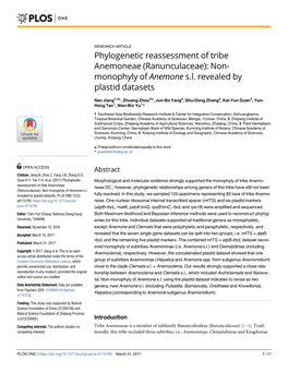 Phylogenetic Reassessment of Tribe Anemoneae (Ranunculaceae): Non- Monophyly of Anemone S.L