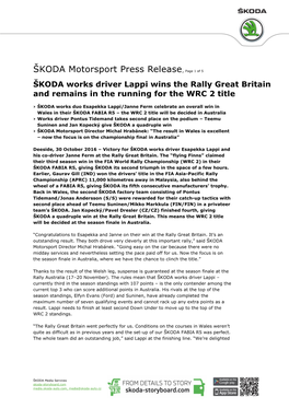 ŠKODA Motorsport Press Release, Page 1 of 5