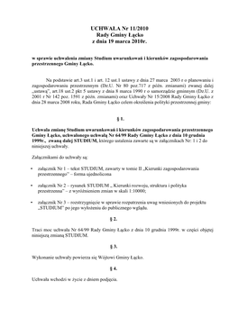 UCHWAŁA Nr 11/2010 Rady Gminy Łącko Z Dnia 19 Marca 2010R