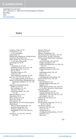 Cambridge University Press 978-1-108-42410-3 — Italy's Jews from Emancipation to Fascism Shira Klein Index More Information