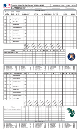 Houston Astros (12-5) at Oakland Athletics (10-10) Wednesday, April 17, 2019 W 7:07 P.M