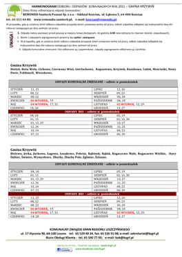 GMINA KRZYWIŃ Dane Firmy Odbierającej Odpady Komunalne: REMONDIS Sanitech Poznań Sp