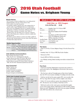 2016 Utah Football Game Notes Vs