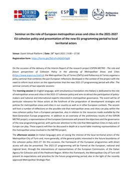 Seminar on the Role of European Metropolitan Areas and Cities in The