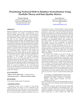 Prioritizing Technical Debt in Database Normalization Using Portfolio Theory and Data Quality Metrics