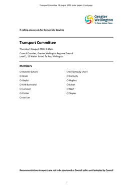 Transport Committee 13 August 2020, Order Paper - Front Page