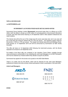 Nzx & Asx Release 10 September 2018 Summerset