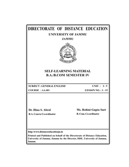 Directorate of Distance Education, University of Jammu, Jammu by the Director, DDE, University of Jammu, Jammu