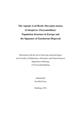 The Aquatic Leaf Beetle Macroplea Mutica (Coleoptera: Chrysomelidae): Population Structure in Europe and the Signature of Zoochorous Dispersal